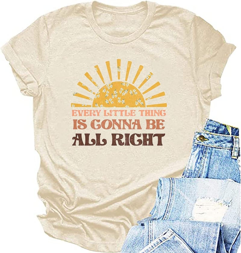 HEYO, Women Every Little Thing is Gonna Be Alright Shirt Country Music Shirts Retro Hippie T Shirt Inspirational Tee Top, Beige-s1, Large - Image 1