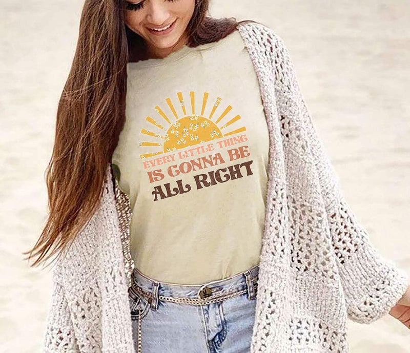 HEYO, Women Every Little Thing is Gonna Be Alright Shirt Country Music Shirts Retro Hippie T Shirt Inspirational Tee Top, Beige-s1, Large - Image 2