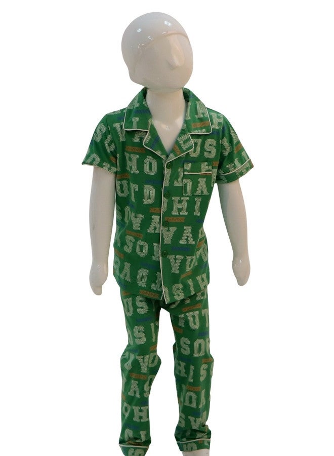JOANNA JOANNA Boy's Letters Print Button Down Shirt & Trouser Pajama Set, Green  - Image 1