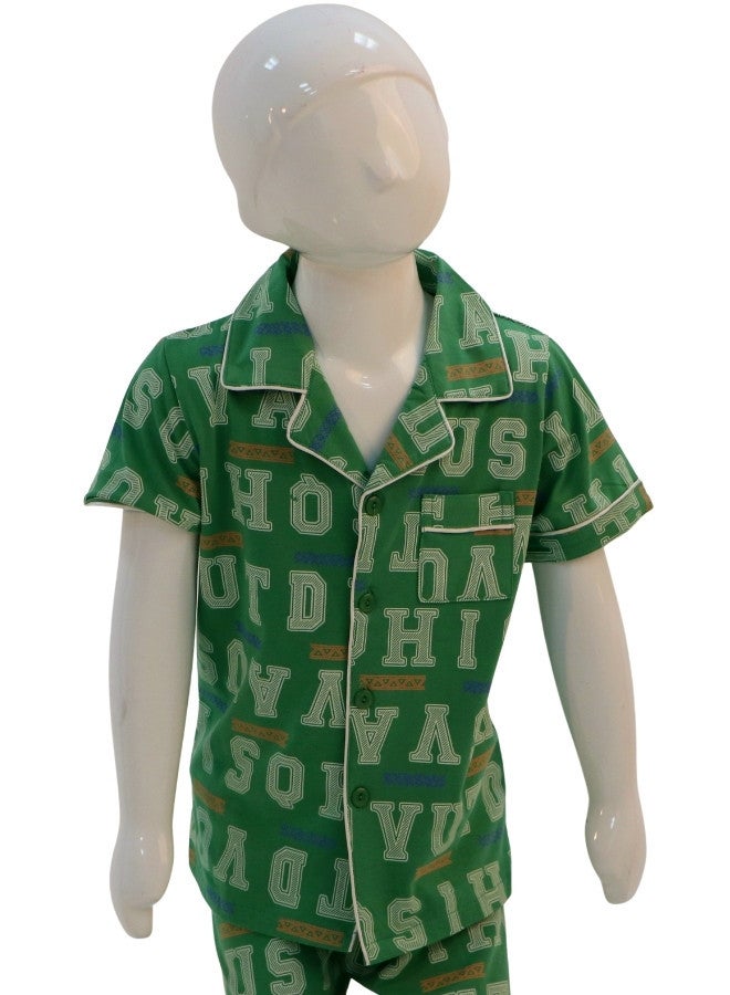 JOANNA JOANNA Boy's Letters Print Button Down Shirt & Trouser Pajama Set, Green  - Image 2