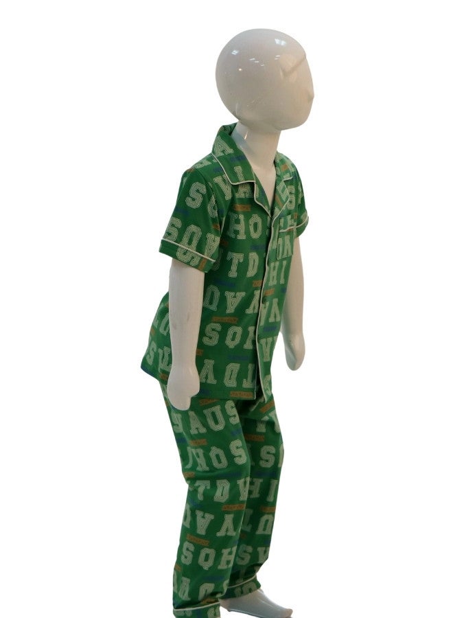 JOANNA JOANNA Boy's Letters Print Button Down Shirt & Trouser Pajama Set, Green  - Image 4