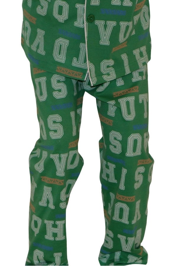 JOANNA JOANNA Boy's Letters Print Button Down Shirt & Trouser Pajama Set, Green  - Image 3