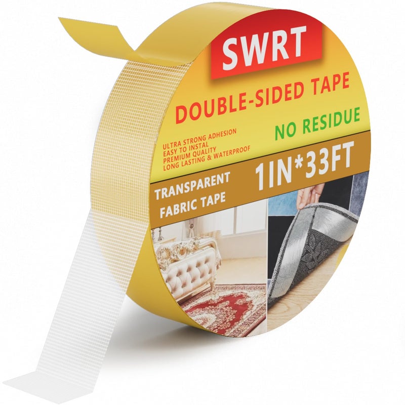 SWRT Double Sided Fabric Tape 1" x 33FT â€“ Heavy Duty, Clear, No Residue, Strong Adhesion for Carpet, Crafts, Clothing, Outdoor & Indoor Use - Image 1