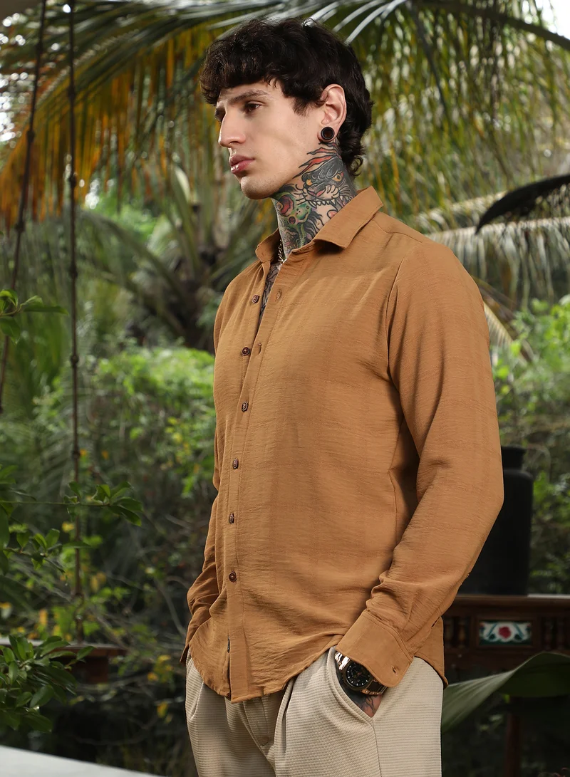 Campus Sutra Men's Yellow Ochre Graph-Texture Shirt For Casual Wear | Spread Collar | Long Cuffed Sleeves | Button Closure | Shirt Crafted With Comfort Fit For Everyday Wear