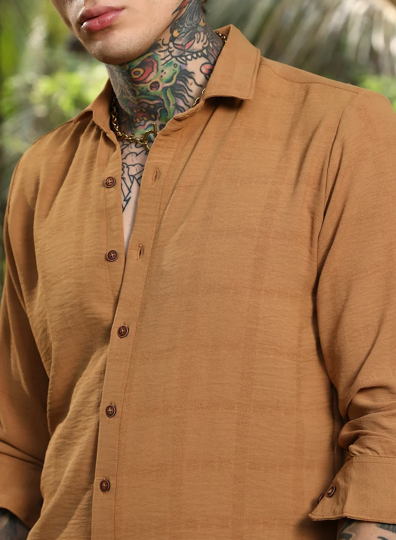 Campus Sutra Men's Yellow Ochre Graph-Texture Shirt For Casual Wear | Spread Collar | Long Cuffed Sleeves | Button Closure | Shirt Crafted With Comfort Fit For Everyday Wear