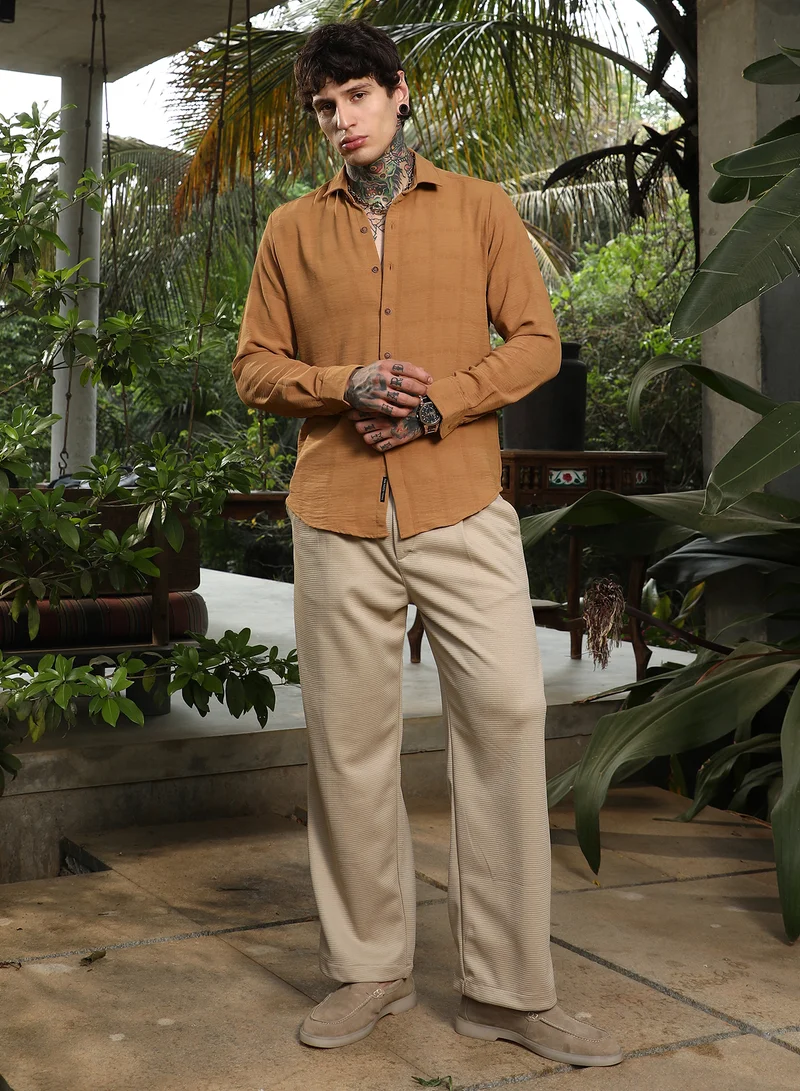 Campus Sutra Men's Yellow Ochre Graph-Texture Shirt For Casual Wear | Spread Collar | Long Cuffed Sleeves | Button Closure | Shirt Crafted With Comfort Fit For Everyday Wear