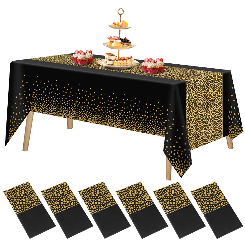 FUYOAL 6 Pieces Black and Gold Table Cloth Dot Confetti Disposable Party Plastic Tablecloth Party Table Cover for Picnic Baby Shower Halloween Christmas54 x 108
