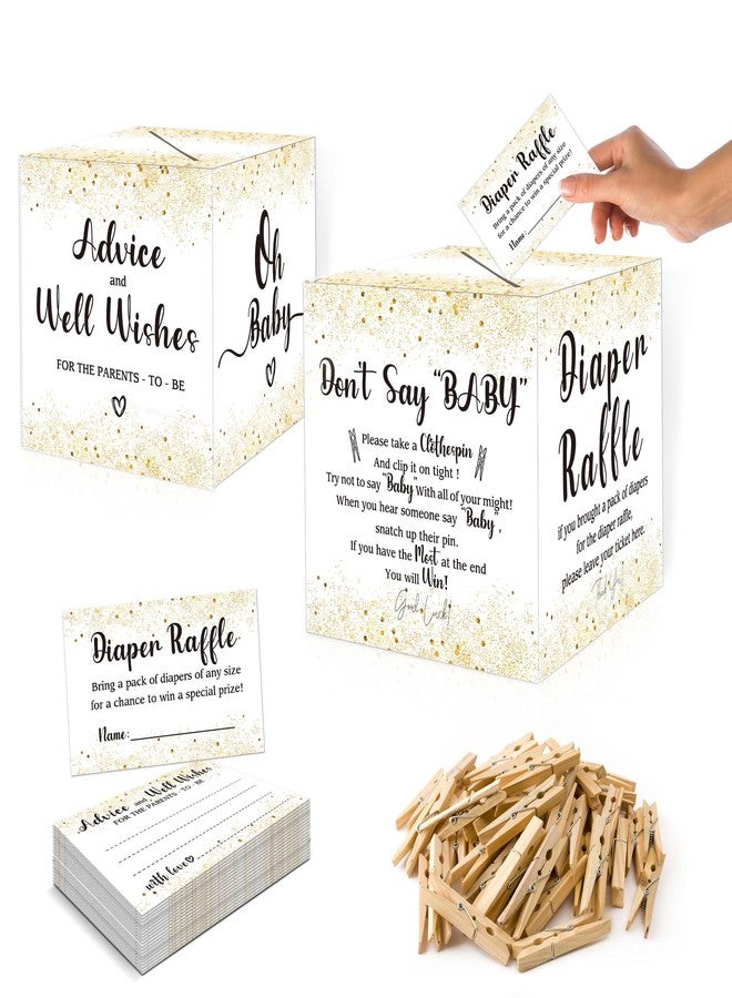 Muruseni 101 PCS Golden Diaper Raffle Tickets Box with Advice Card and Mini Clothespins, Baby Shower Game Decor for Baby Shower Gender Reveal Party Favors - Image 1