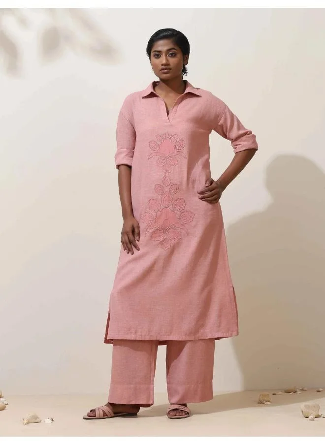 ترو برونز trueBrowns Dalia Pink Embroidered Natural Cotton Kurta Pant Set