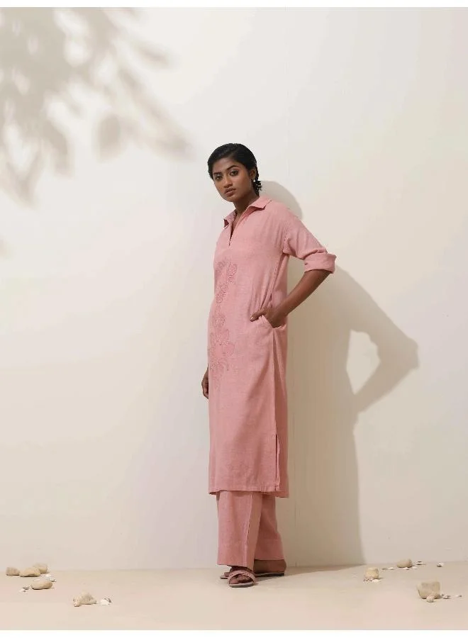 ترو برونز trueBrowns Dalia Pink Embroidered Natural Cotton Kurta Pant Set