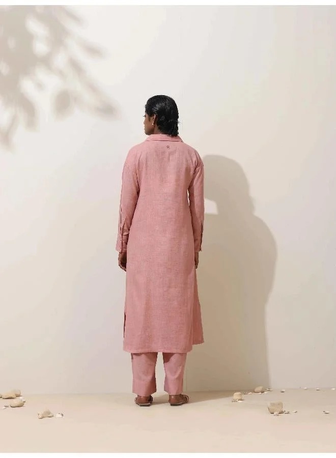 trueBrowns trueBrowns Dalia Pink Embroidered Natural Cotton Kurta Pant Set