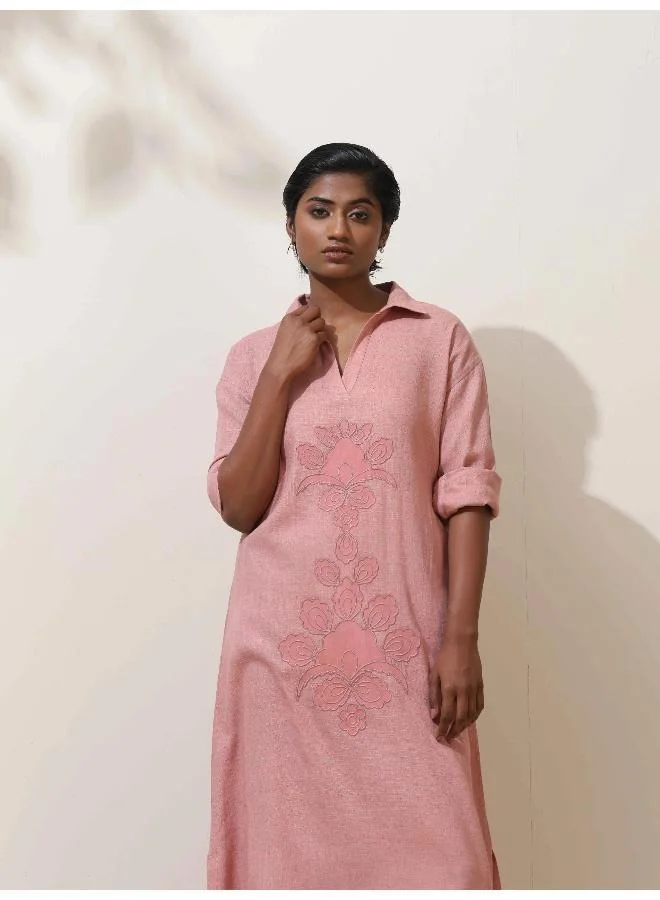 trueBrowns trueBrowns Dalia Pink Embroidered Natural Cotton Kurta Pant Set