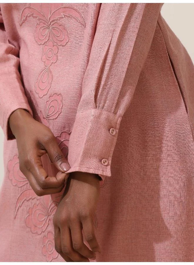 trueBrowns trueBrowns Dalia Pink Embroidered Natural Cotton Kurta Pant Set