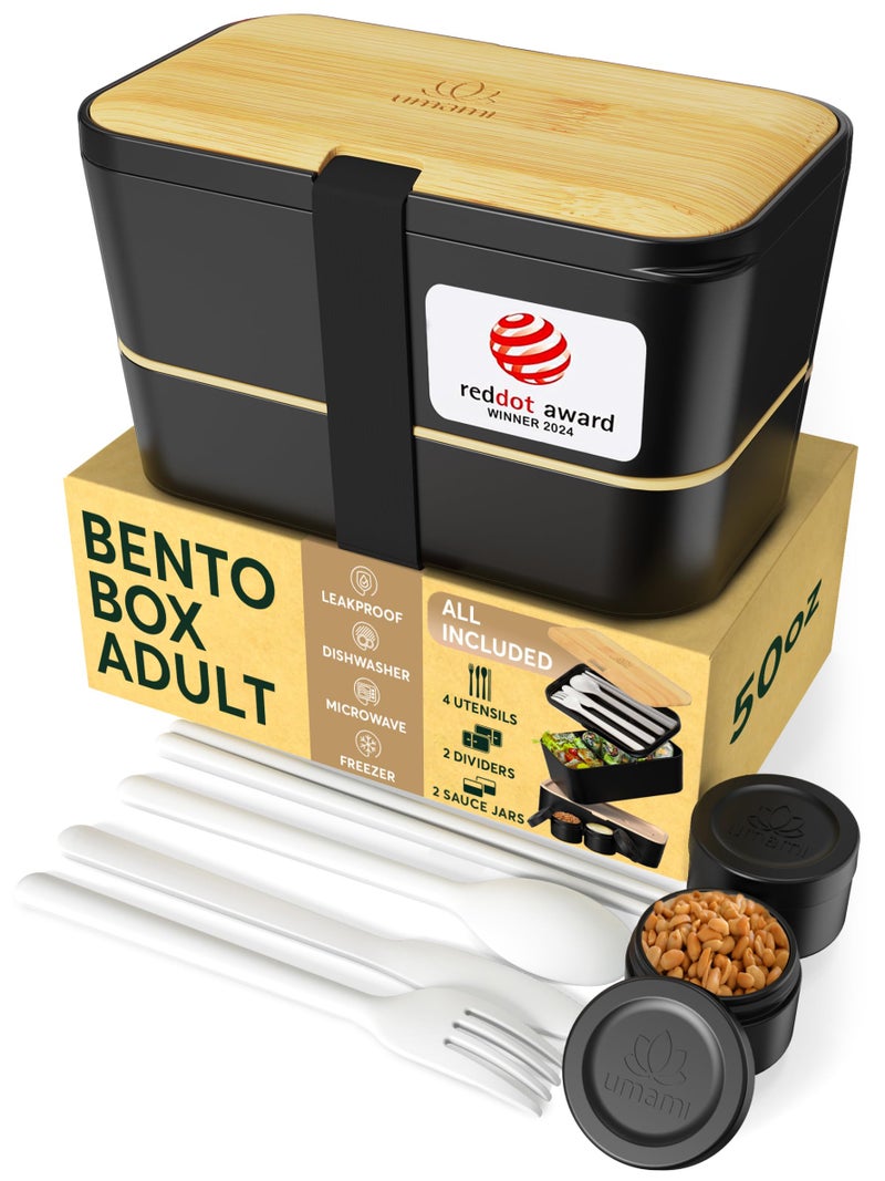 Umami Bento Box Adult All-In-1 w/ 4 Utensils 100% Leakproof, Microwave & Dishwasher Safe Lunch Containers for Adults w/ 4 Compartments, Bento Lunch Box Containers - Image 1