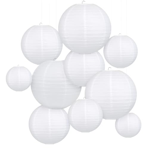 LIHAO 10PCS White Paper Lanterns Decorative Chinese Lanterns for Wedding Decor, Bridal, Baby Shower, Christmas, Birthday, Party Decorations, DIY Crafts(Size of 6”, 8”, 10” 12’’) - Image 1