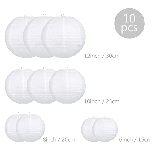 LIHAO 10PCS White Paper Lanterns Decorative Chinese Lanterns for Wedding Decor, Bridal, Baby Shower, Christmas, Birthday, Party Decorations, DIY Crafts(Size of 6”, 8”, 10” 12’’) - Image 2