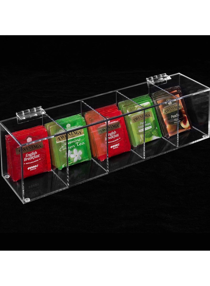 TPGP Modern Clear Premium Acrylic Tea Bag Organizer Box with 5 Compartments and Hinged Lid, Kitchen Countertop Storage Caddy for Assorted Teas and Condiments - Image 5