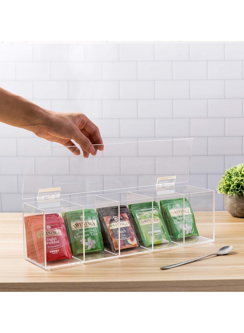 TPGP Modern Clear Premium Acrylic Tea Bag Organizer Box with 5 Compartments and Hinged Lid, Kitchen Countertop Storage Caddy for Assorted Teas and Condiments - Image 3