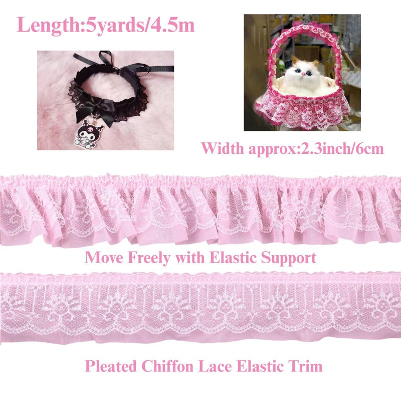 GXTIZAS Lace Ruffle Ribbon Double-Layer Pleated Chiffon 6cm Wide Lace Elastic Trim Wrinkle-Free Boxed for DIY Sewing, Clothing, Pillowcase Decoration(5yards Pink) - Image 3