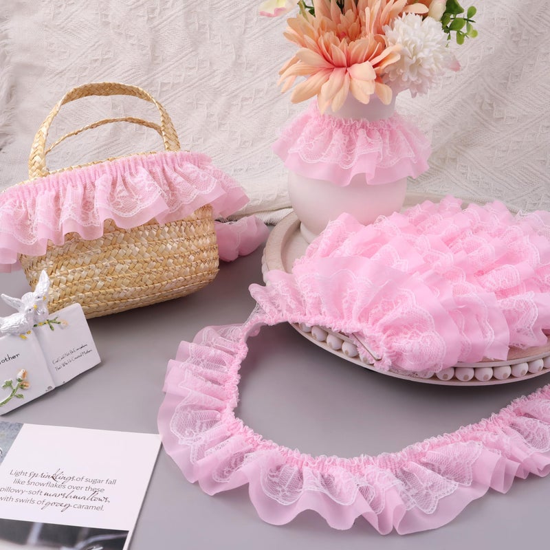 GXTIZAS Lace Ruffle Ribbon Double-Layer Pleated Chiffon 6cm Wide Lace Elastic Trim Wrinkle-Free Boxed for DIY Sewing, Clothing, Pillowcase Decoration(5yards Pink) - Image 5