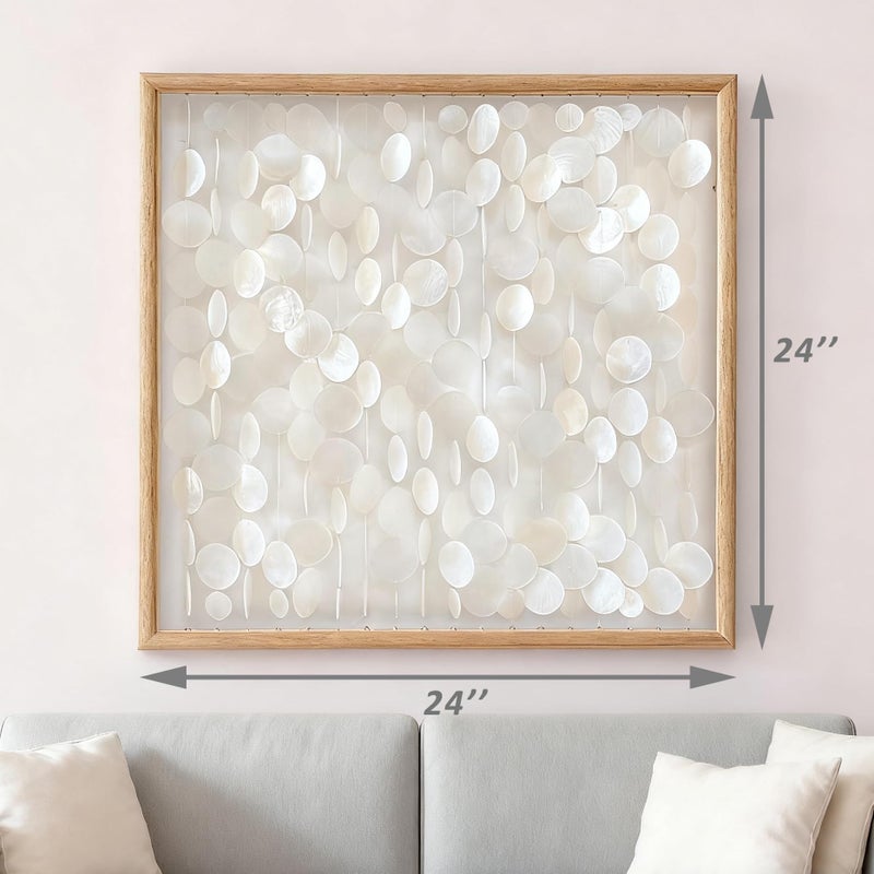Bergamot 3D Handmade 24"x24" Capiz Shell Wall Hanging Decor, Solid Wooden Framed Coastal Wall Decor, Minimalist White Sea Shell Art for Living Room, Bedroom, Office - Image 2