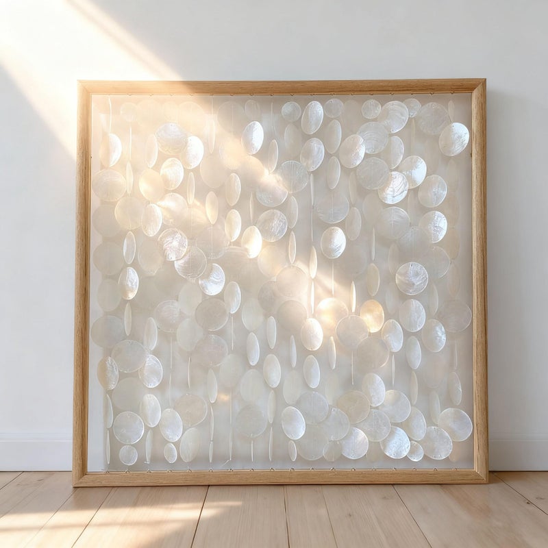 Bergamot 3D Handmade 24"x24" Capiz Shell Wall Hanging Decor, Solid Wooden Framed Coastal Wall Decor, Minimalist White Sea Shell Art for Living Room, Bedroom, Office - Image 1