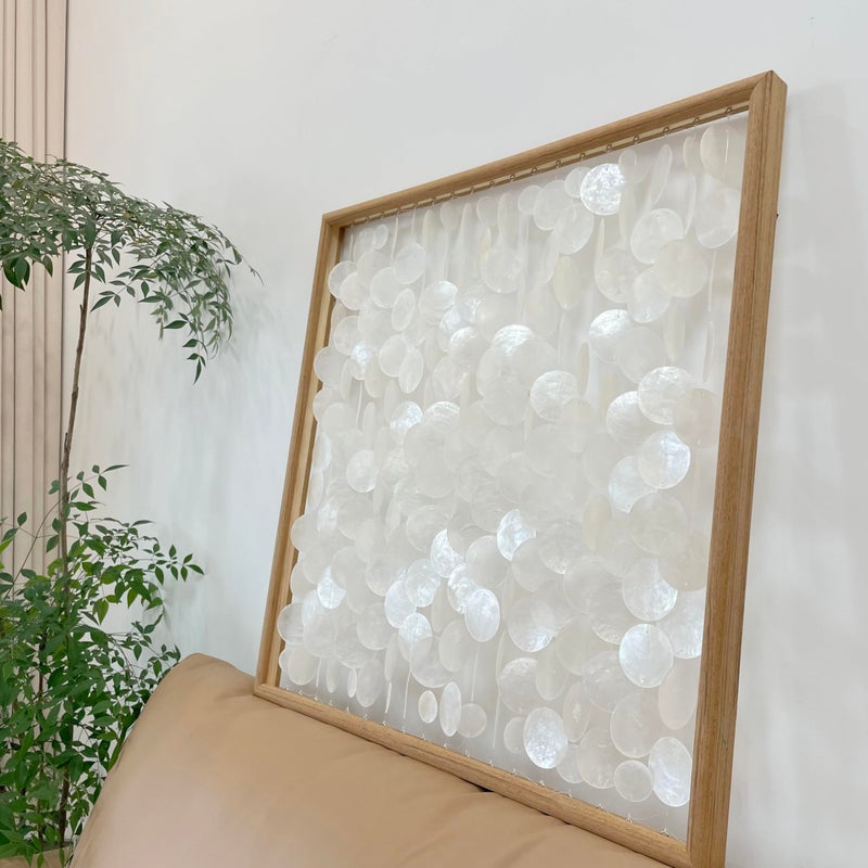 Bergamot 3D Handmade 24"x24" Capiz Shell Wall Hanging Decor, Solid Wooden Framed Coastal Wall Decor, Minimalist White Sea Shell Art for Living Room, Bedroom, Office - Image 3