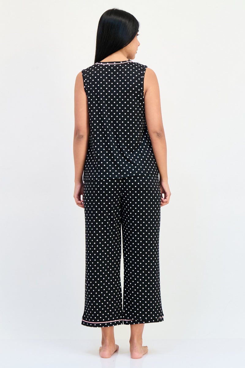 PJ Couture Women 2 Pieces Polka Dots Sleeveless Pajama Top And Bottom Set, Multicolor - Image 4