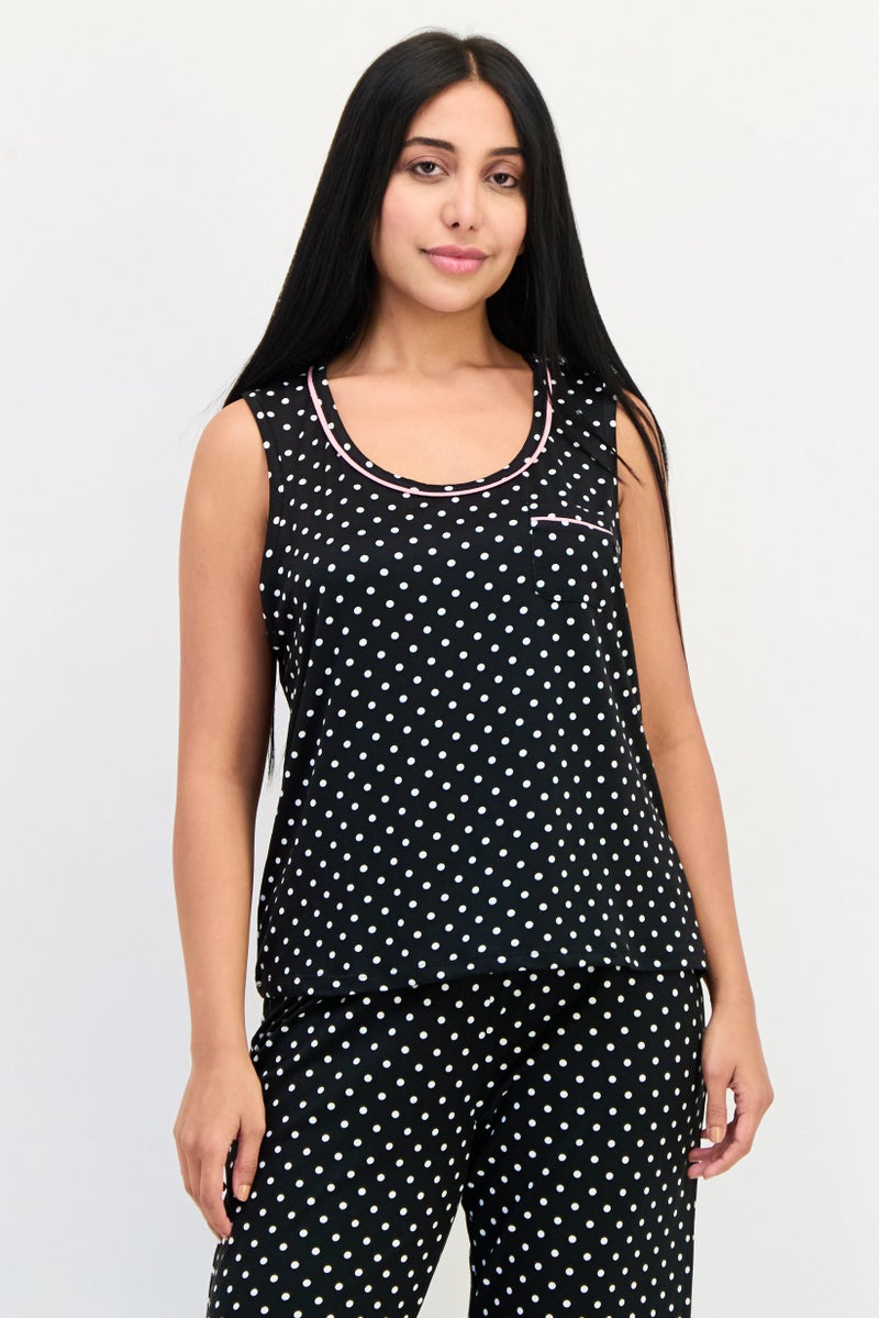 PJ Couture Women 2 Pieces Polka Dots Sleeveless Pajama Top And Bottom Set, Multicolor - Image 2