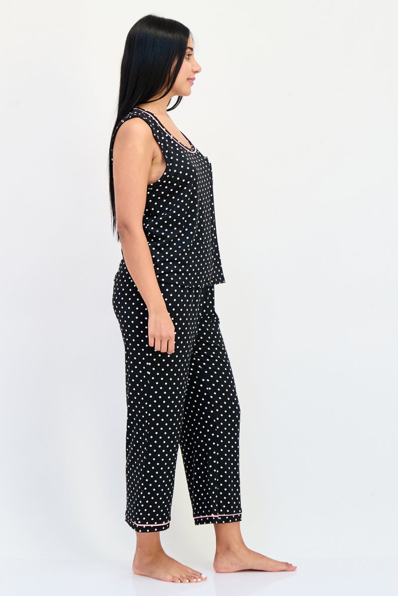 PJ Couture Women 2 Pieces Polka Dots Sleeveless Pajama Top And Bottom Set, Multicolor - Image 3