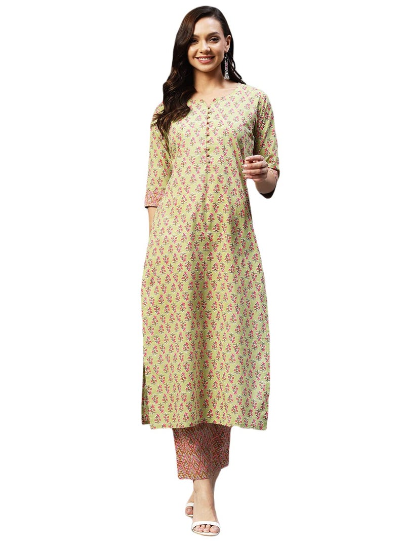 ANNI DESIGNER Women's Cotton Blend Straight Printed Kurta with Pant (Padwil Green_M_ Green_Medium) - Image 1