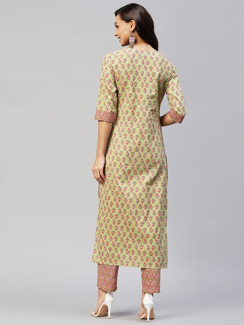 ANNI DESIGNER Women's Cotton Blend Straight Printed Kurta with Pant (Padwil Green_M_ Green_Medium) - Image 2