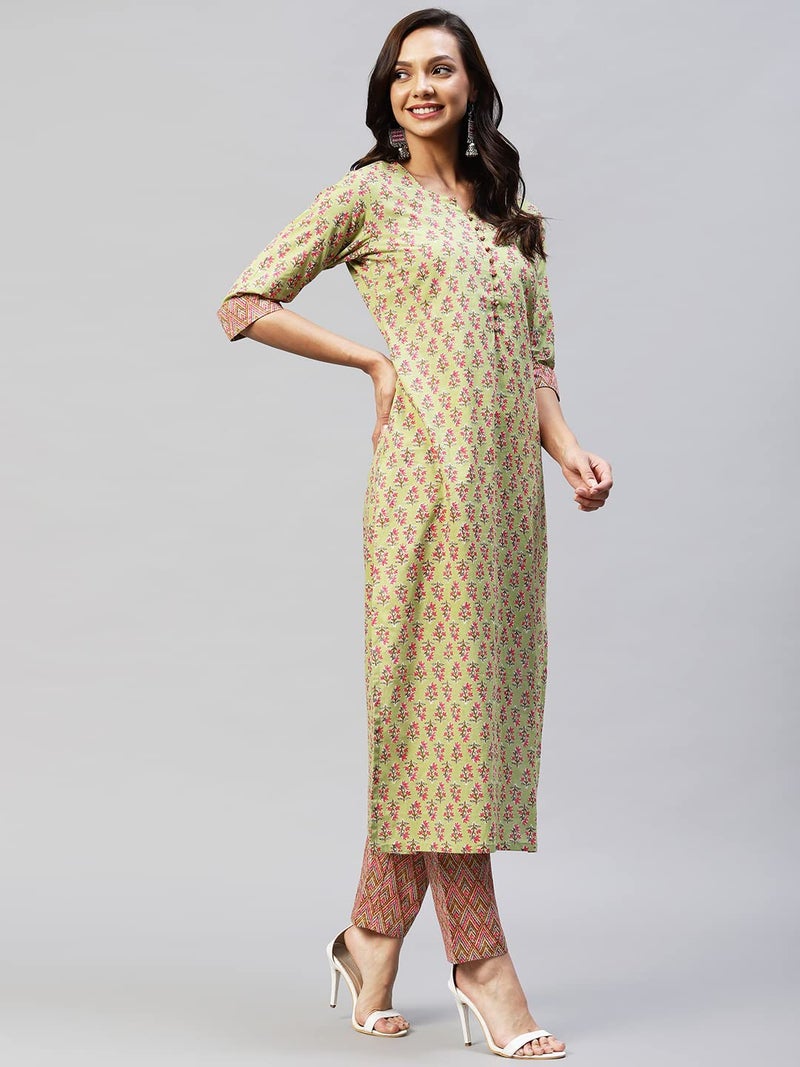 ANNI DESIGNER Women's Cotton Blend Straight Printed Kurta with Pant (Padwil Green_M_ Green_Medium) - Image 3