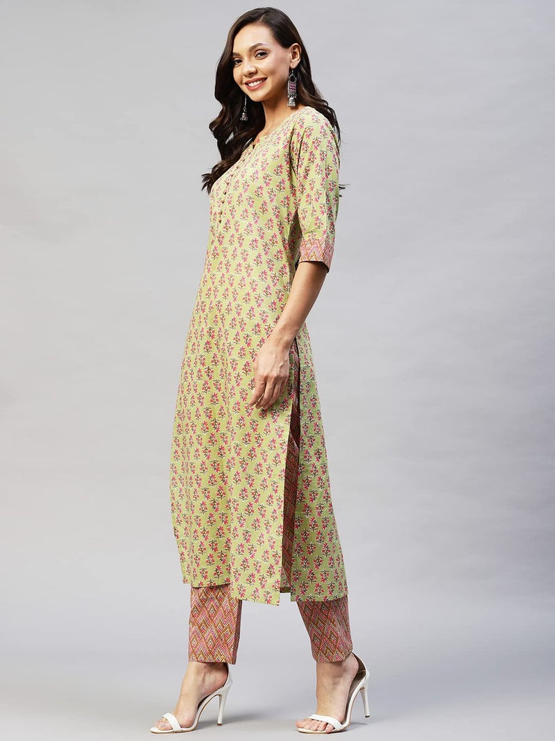 ANNI DESIGNER Women's Cotton Blend Straight Printed Kurta with Pant (Padwil Green_M_ Green_Medium) - Image 4