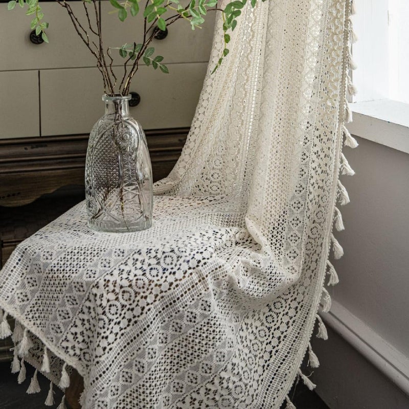 WAZZIO Boho Crochet SemiSheer Curtains  108 Inch Long 2 Panel Sets  Farmhouse Vintage Geometry Knitted Lace Beige Drapes with Retro Tassel for Living Room  Bedroom