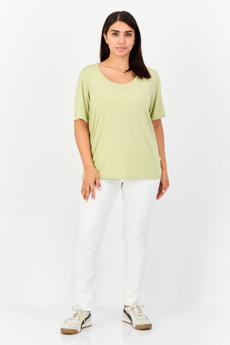 GIORDANO تي شيرت نسائي بقصة دائرية وأكمام قصيرة، أخضر فاتح - Image 3