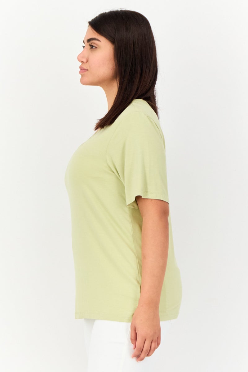 GIORDANO تي شيرت نسائي بقصة دائرية وأكمام قصيرة، أخضر فاتح - Image 2