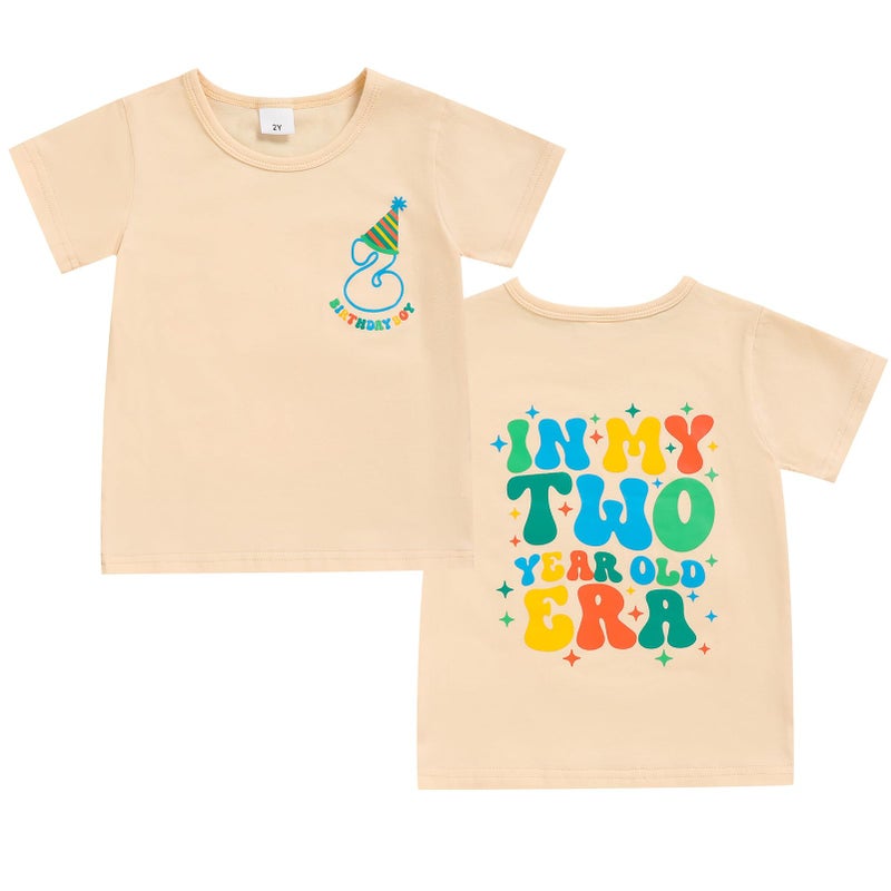 TITKKOP 2nd Birthday Shirt Toddler Boy Two Year Old Birthday Outfit Short Sleeve Cotton T Shirt Clothes, Cream, 2 Years - Image 1