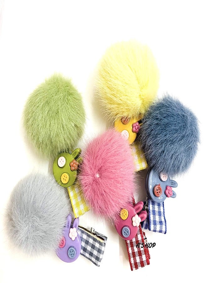 A'SHOP Colorful Pompom Side Hair Pins or Clip for Girls, Girl child, Baby (Set of 5 Pins) - Image 2