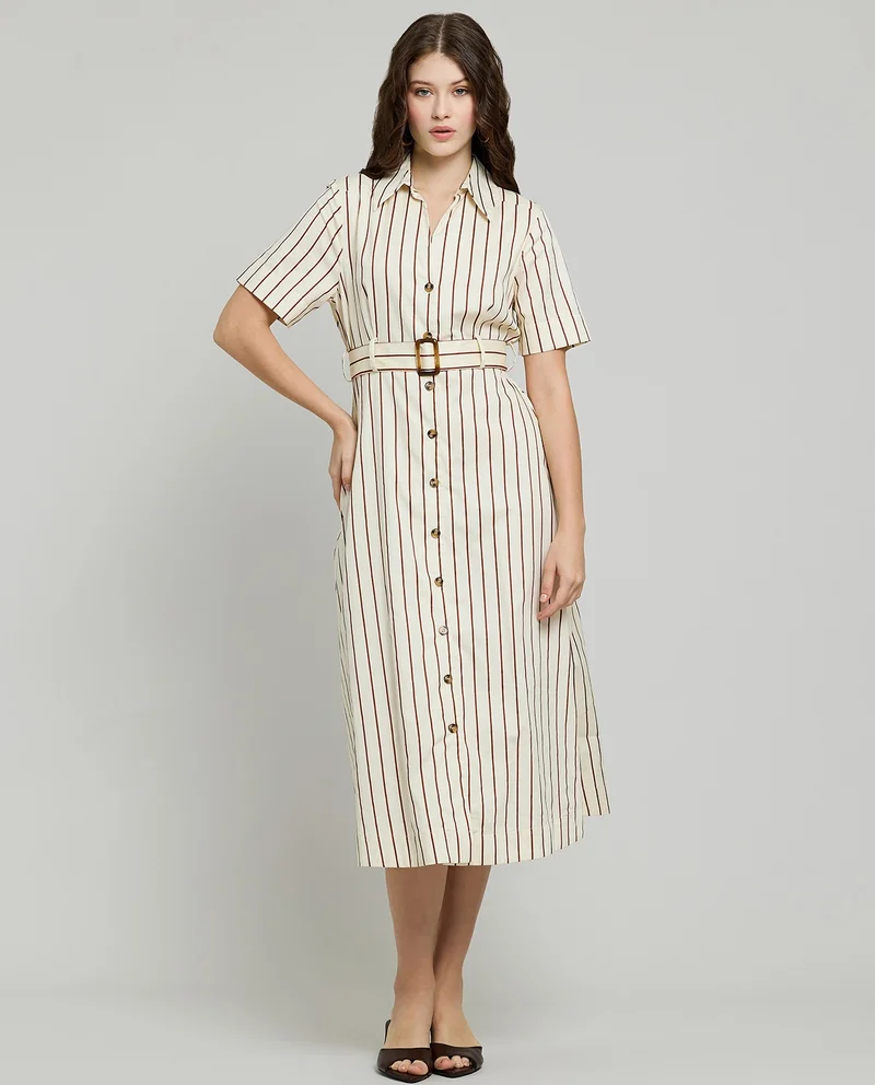 أر أند بي Striped Shirt Dress with Short Sleeves