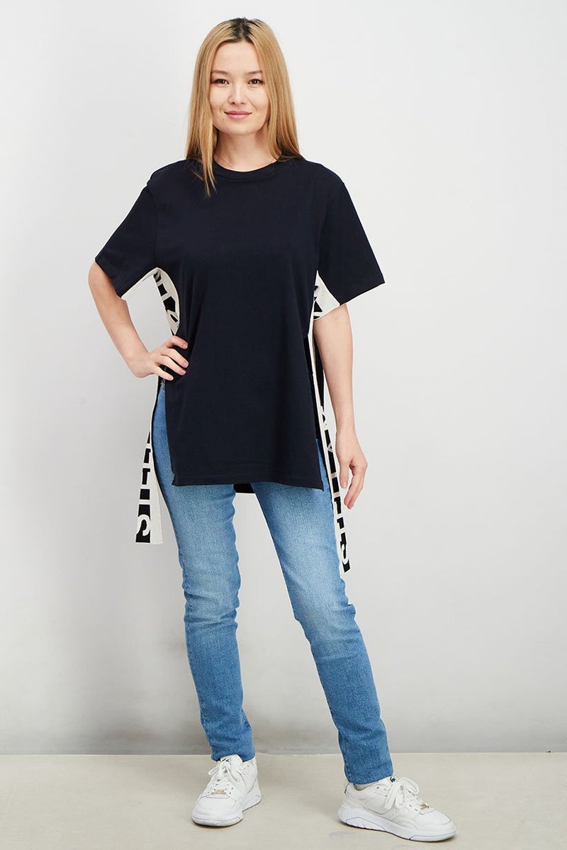 STELLA MCCARTNEY Women Crew Neck Short Sleeve Textured T-shirt, Navy - Image 2