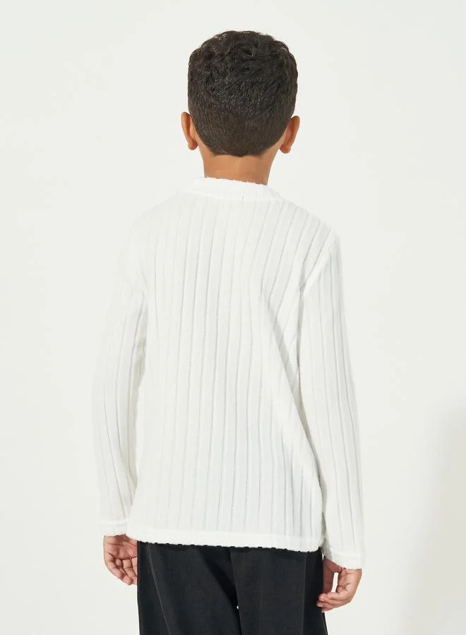 Styli Patch Work Detail Long Sleeves Rib Knit Top