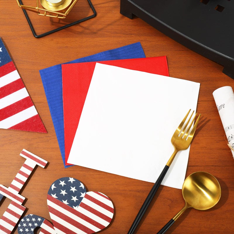 Whaline مناديل وطنية من واهلين 6.5 × 6.5 بوصة حمراء زرقاء بيضاء مناديل ورقية ملونة ليوم 4 يوليو مناديل قابلة للتصرف مناديل عشاء وطنية لاحتفالات يوم الاستقلال لوازم الحفلات زينة الطاولة 60 عبوة - Image 4