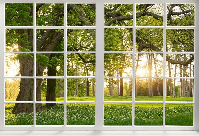 Renaiss 5x3ft Green Trees Forest Window Backdrop for Photoshoot Portrait Spring Summer Scenery Woodland French Window Photography Background Baby Shower Birthday Party Decors Photo Booth Props - Image 1