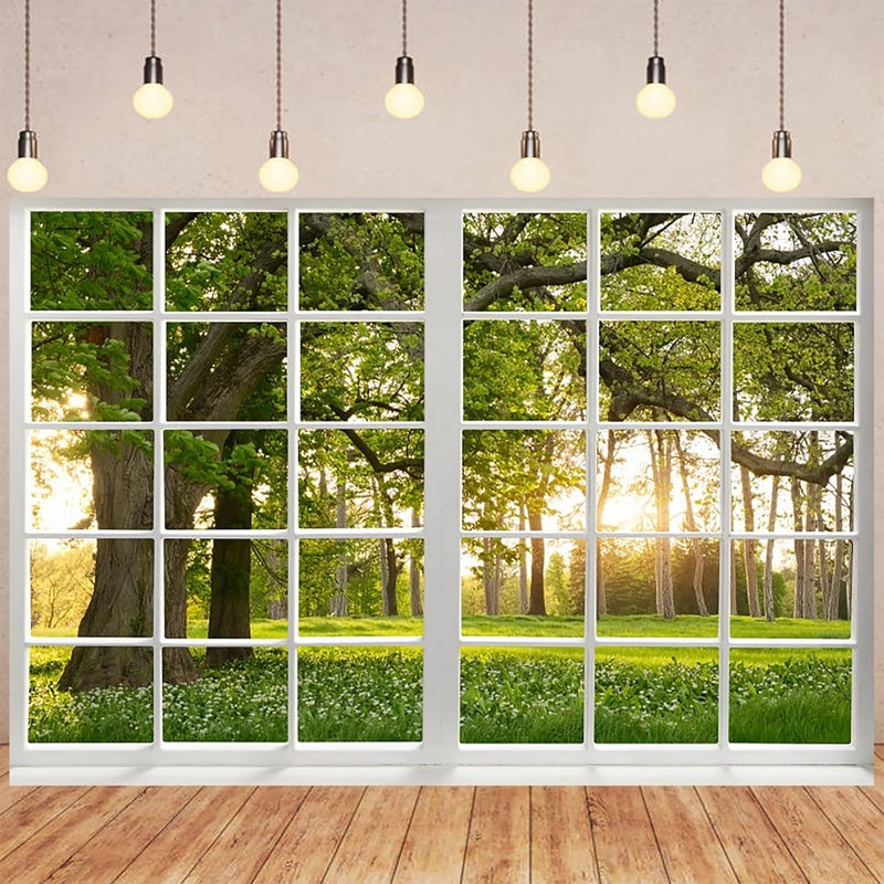 Renaiss 5x3ft Green Trees Forest Window Backdrop for Photoshoot Portrait Spring Summer Scenery Woodland French Window Photography Background Baby Shower Birthday Party Decors Photo Booth Props - Image 4