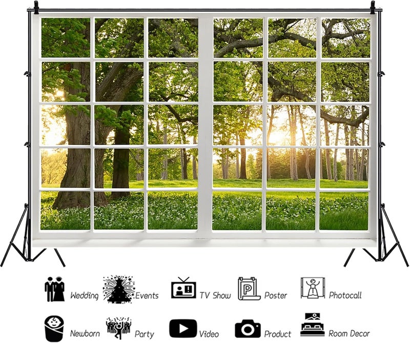 Renaiss 5x3ft Green Trees Forest Window Backdrop for Photoshoot Portrait Spring Summer Scenery Woodland French Window Photography Background Baby Shower Birthday Party Decors Photo Booth Props - Image 2