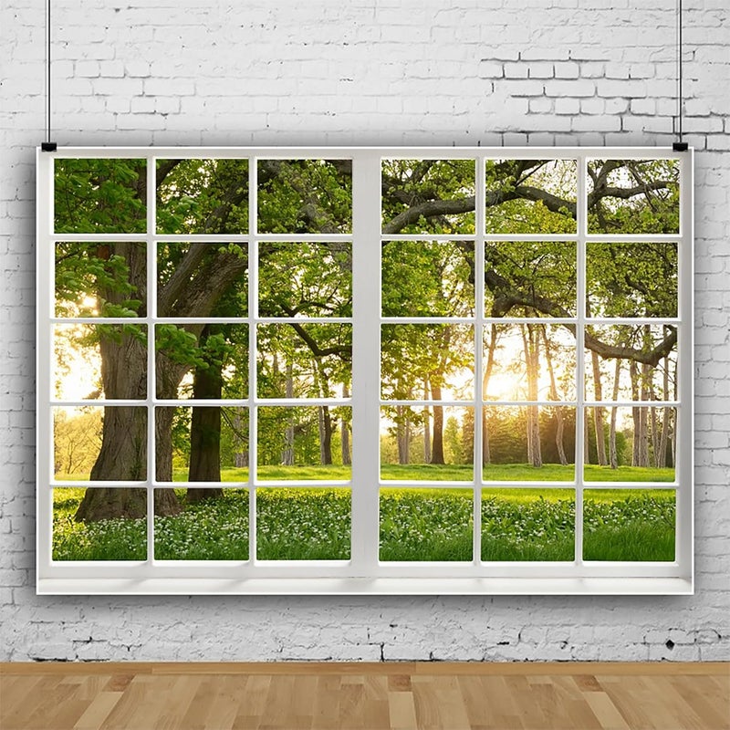 Renaiss 5x3ft Green Trees Forest Window Backdrop for Photoshoot Portrait Spring Summer Scenery Woodland French Window Photography Background Baby Shower Birthday Party Decors Photo Booth Props - Image 3