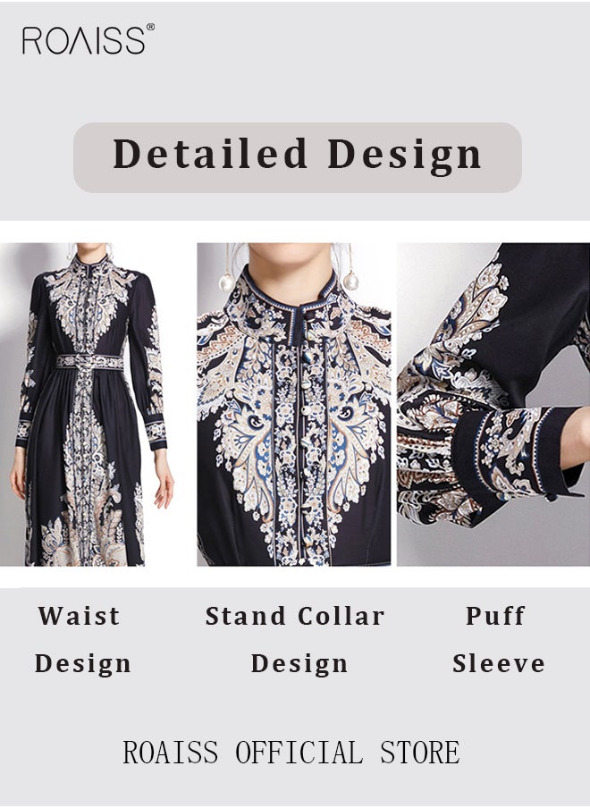 roaiss - Women Embroidered Belted Shirt Dress Full Sleeved Slim Waist Belted Button Print Casual Muslim Long Dress Outfits Floral Print Mock Neck Long Sleeve Women Casual Long Dress - Image 1