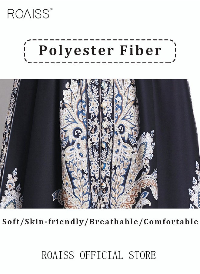 roaiss - Women Embroidered Belted Shirt Dress Full Sleeved Slim Waist Belted Button Print Casual Muslim Long Dress Outfits Floral Print Mock Neck Long Sleeve Women Casual Long Dress - Image 1