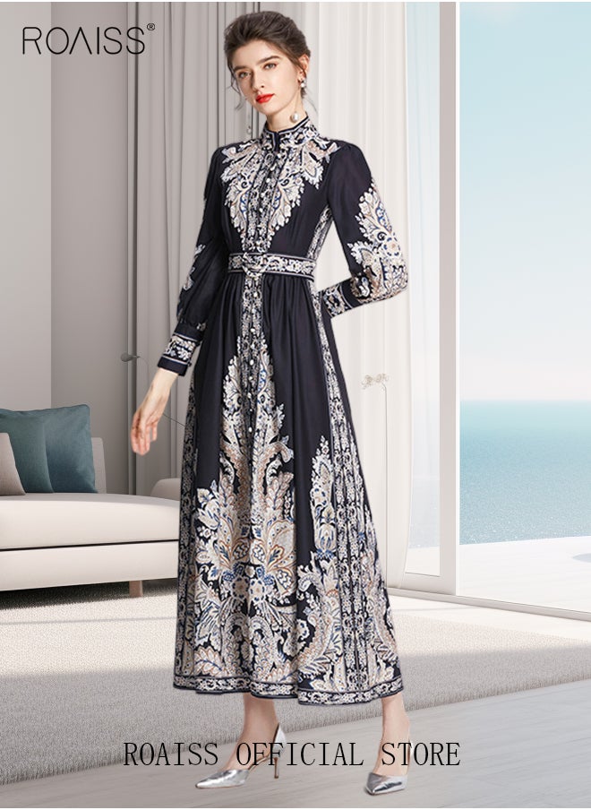 roaiss - Women Embroidered Belted Shirt Dress Full Sleeved Slim Waist Belted Button Print Casual Muslim Long Dress Outfits Floral Print Mock Neck Long Sleeve Women Casual Long Dress - Image 1